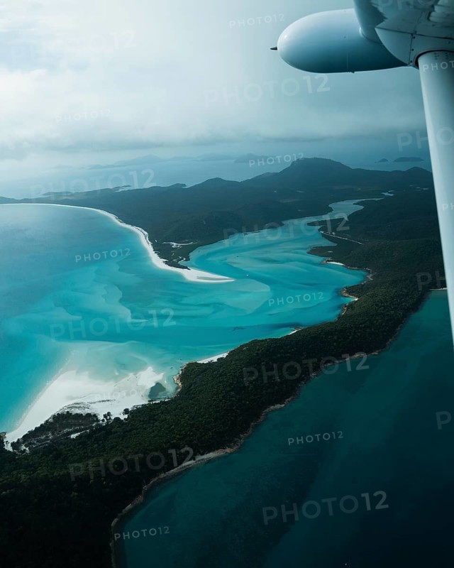 Aerial view of Whitsunday Island beach with airplane propeller, Airlie Beach, Queensland, Australia