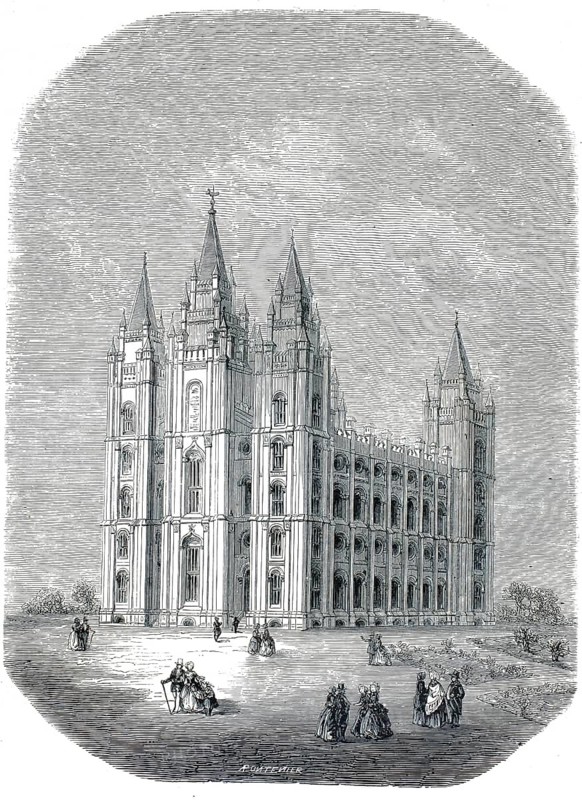 Historical illustration showing the Salt Lake Temple of The Church of Jesus Christ of Latter-day Saints in Salt Lake City, Utah, America, 1859, authentic, high-resolution reproduction from a 19th-century model, exact date of depiction unknown, historical