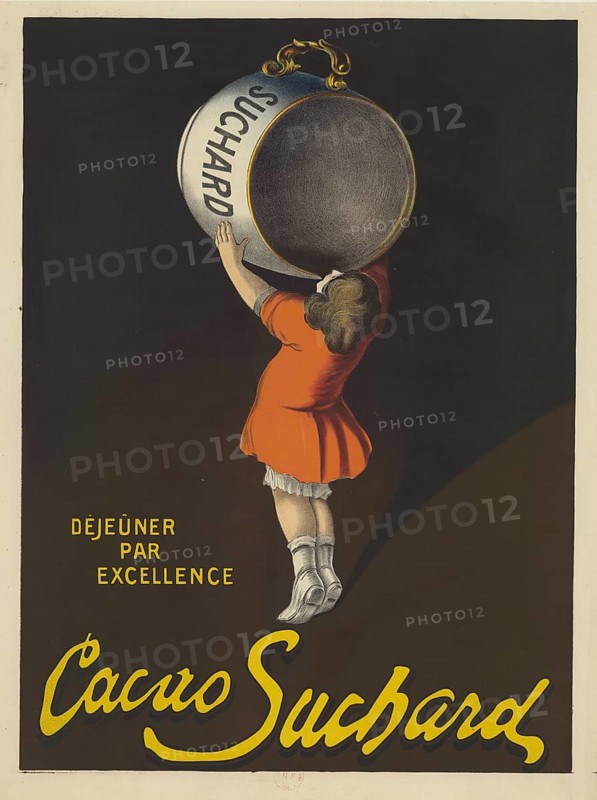Advertising poster, beverage advertisement, Cacao Suchard poster from 1911, was designed by the famous artist Leonetto Cappiello. The scene shows a little girl in a bright orange dress holding an oversized cocoa cup, authentic reproduction of a historical advertising poster, advertising sign, in high resolution