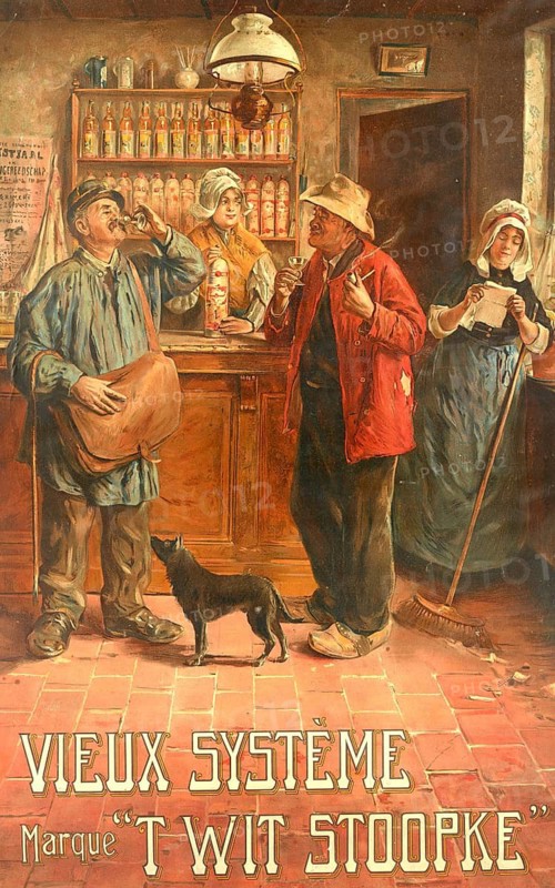 Advertising poster, beverage advertising, poster promoting Vieux Systeme, a Jenever brand from the Neefs distillery in Antwerp, 1907, shows a typical pub atmosphere with people drinking and smoking, Belgium, authentic reproduction of a historical advertising poster, advertising sign, in high resolution