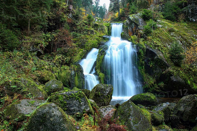 Large waterfall flows over green, mossy rocks in a dense forest, upper part of the Triberg Waterfall, Black Forest-Baarkreis, Baden-Württemberg, Germany