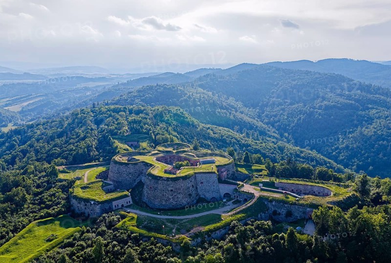 The Silberberg Fortress, Twierdza Srebrna Gora, is a mountain fortress from the 18th century. It is the largest fortress in Europe and is on the list of candidates for UNESCO World Heritage. aerial view. Srbrna Gora, Stoszowice, Peterwitz, Silesia, Poland