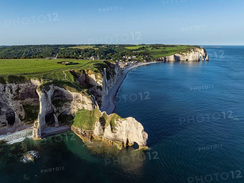 Aerial view of the Falaise d'Amont rock formation with the Porte d'Amont rock gate, Porte d'Aval rock formation, Étretat, Alabaster Coast, La Côte d'Albâtre, chalk cliffs, English Channel, Seine-Maritime, Normandy, France