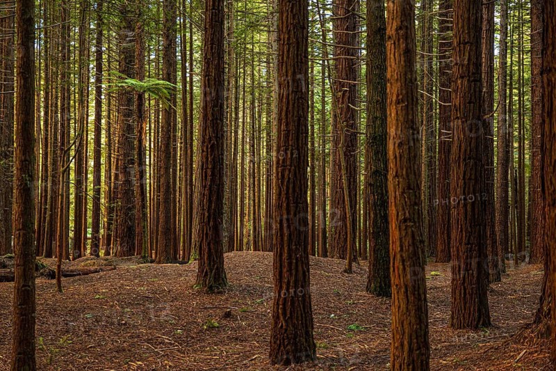 Sunlight filters through the tall trees at Rotorua's Redwood Forest where the Redwood trees that are more than 120-years-old, Rotorua, New Zealand
