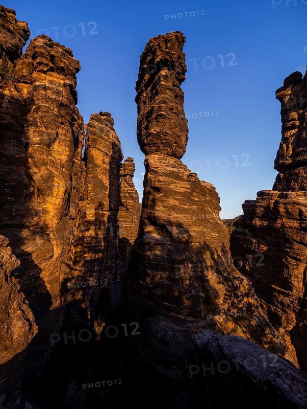 Rock towers of Hercules columns made of weathered sandstone in the Biela Valley, Rosenthal-Bielatal, Saxony, Germany