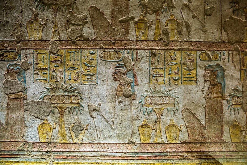 Colourful reliefs and wall paintings, Tomb, Valley of the Queens, UNESCO World Heritage Site, Thebes, Luxor, Egypt