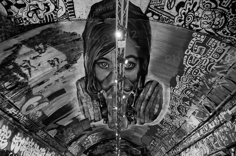 Portrait of a woman standing on the ceiling, legal, temporary graffiti in the graffiti tunnel, Leake Street Arches, London, England, Great Britain, Great Britain