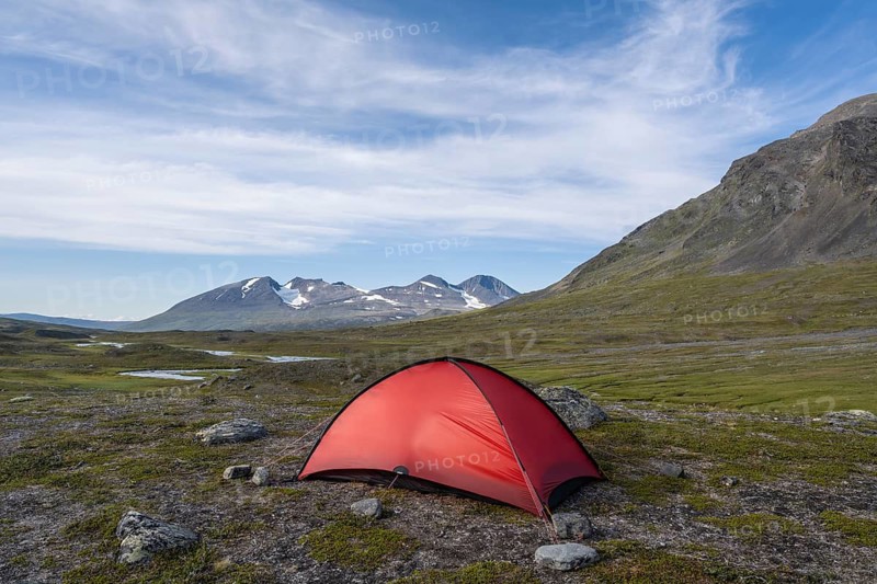 Tent in Ruohtesvagge Valley, Sarek National Park, Laponia World Heritage Site, Norrbotten, Lapland, Sweden, August 2021