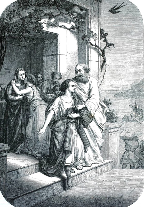 Biblical scene: The young Tobias bids farewell to his parents. In the foreground, the young Tobias says goodbye to his father, Tobit. On the left of the picture, Tobias's mother (Anna) weeps with grief at her son's departure and is comforted by another person. In the top right-hand corner, a swallow is flying. In a Christian context, it often symbolises spring, hope, a safe return and protection whilst travelling, an authentic, high-resolution reproduction of a 19th-century original, exact date of the depiction unknown, historical