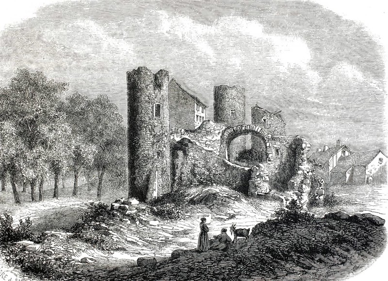 Ruins of the Chateau de La Batie-Neuve, a medieval fortification built by the bishops of Gap in the Hautes-Alpes region of France, 1860. The ensemble shown in the picture no longer exists. After the abandoned complex fell into disrepair over generations, half of the huge keep collapsed on May 27, 1951. For safety reasons, the remaining unstable wall elements had to be removed, authentic, high-resolution reproduction from a 19th century original, exact date of depiction unknown, historical