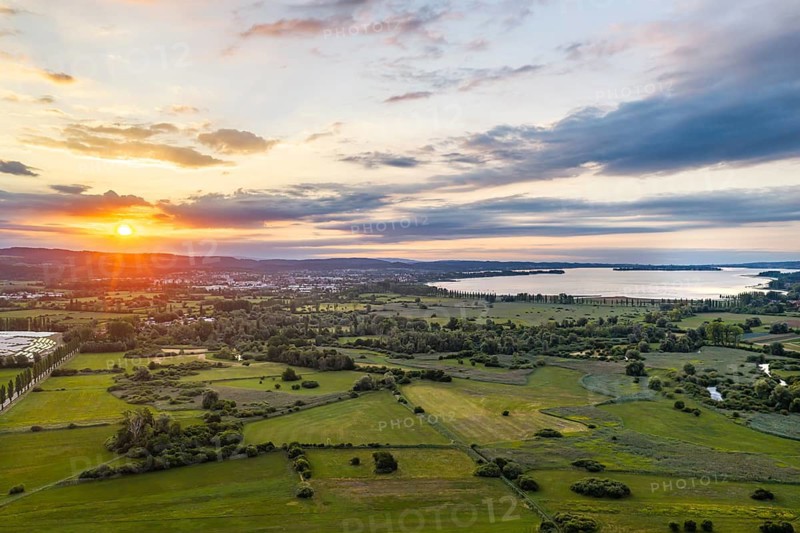 Morning atmosphere on Lake Constance. Sunrise in the Zeller Aachried nature reserve. aerial view. Radolfzell, Baden-Württemberg, Germany