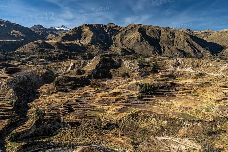 Mountain landscape with terraced fields in Colcacanon, Canon del Colca, Southern Peru, Andes, Peru, South America