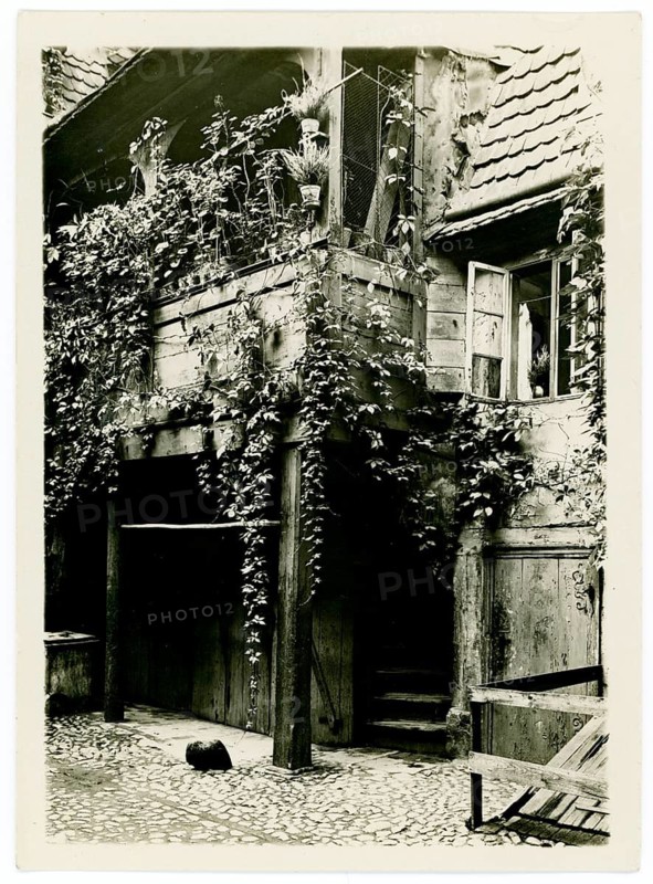 Berlin, Alt-Berlin, Petristr. 15, courtyard, old building with plants and wooden details in a nostalgic black and white photo, around 1930