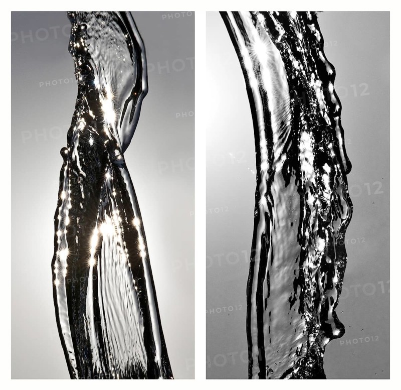 A pair of images of water moving in backlight in front of the sun frozen by short exposure