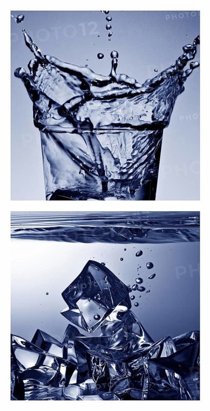 Picture pair, ice cube cubes have fallen into a water glass in blue duplex toning