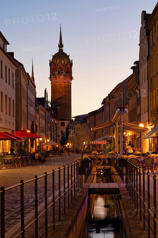 Night view, restaurants, tower, castle tower, castle church, old town, Bach, Luther city Wittenberg, evening atmosphere, Saxony-Anhalt, Germany