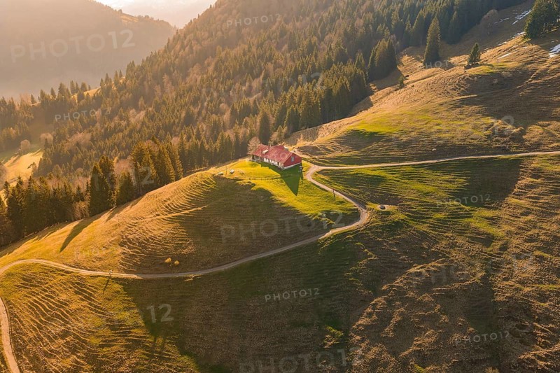 A secluded house on a green hill in a sunny mountain landscape, Allgäu, Bavaria, Germany