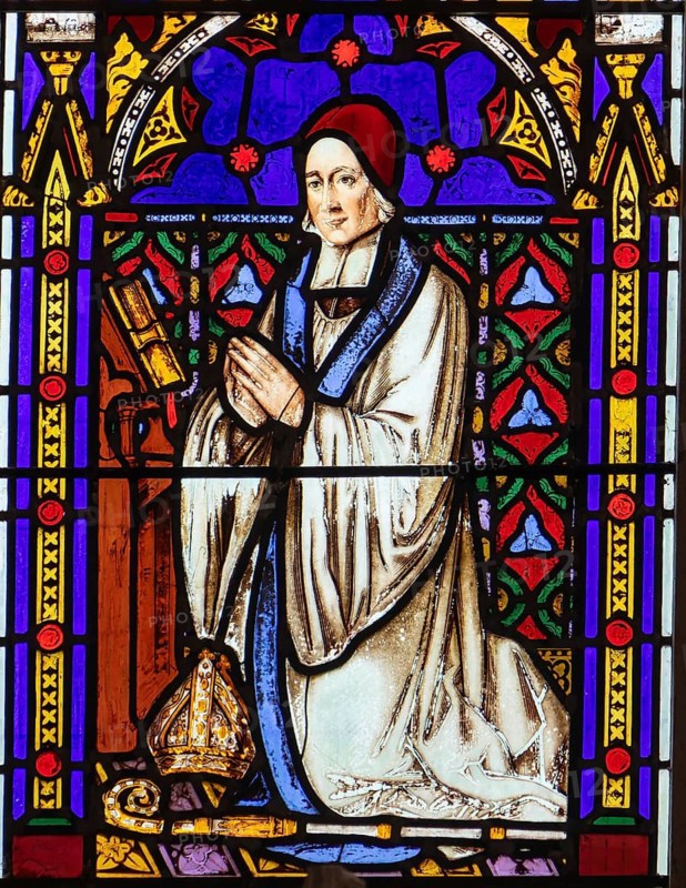 Stained glass memorial window depicting Bishop Thomas Ken 1637–1711, church of St John the Baptist, Frome, Somerset, England, UK