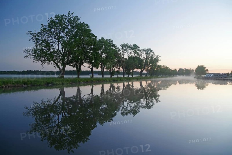 Trees reflect in calm water at dawn with light fog, Göta Canal, Töraboda, Västra Götalands län, Sweden