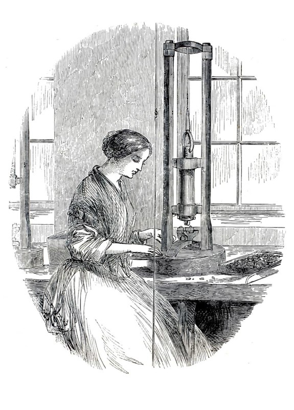Woman working in a pen factory. The woman uses a punch or press to produce steel springs, 1859, authentic, high-resolution reproduction from a 19th century original, exact date of presentation unknown, historical