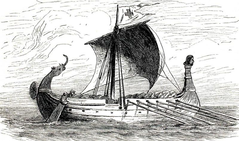 Warship, Viking ship from the 11th century, authentic, high-resolution reproduction from a 19th century original, exact date of depiction unknown, historical