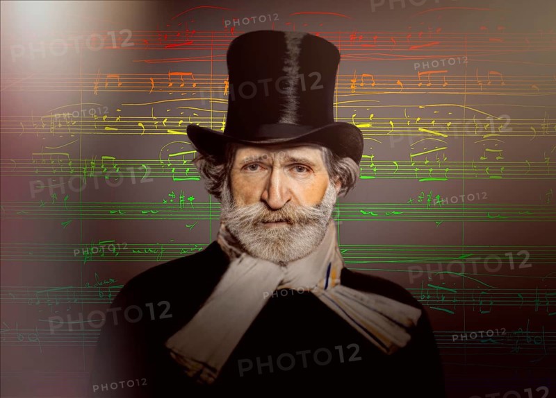 Giuseppe Verdi, 1813 – 1901, Italian opera composer, autograph notesheet from Don Carlos, digitally edited after a painting of Giovanni Boldini