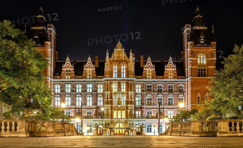 Royal College of Music illuminated at night, South Kensington, London, United Kingdom