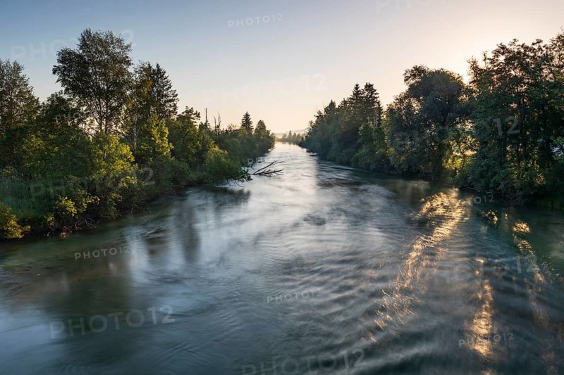 River, water, trees, sun, morning light, back light, summer, Loisach, Kochel, Alpine foothills, Bavaria, Germany