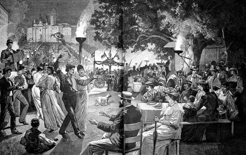 St. John's Day in historic Rome, Festa di San Giovanni, the traditional summer solstice celebrations in the San Giovanni in Laterano district. In the background, you can see the silhouette of the famous Lateran Basilica under the night sky, 1894, illustration, reproduction from a model from the 19th century. Authentic, file restored for optimal use, exact date of submission unknown, historical