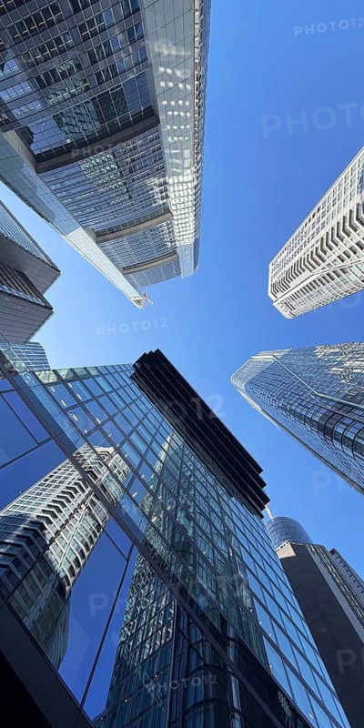 Frog's eye view of skyscrapers in the banking district, Four Frankfurt, Frankfurt am Main, Hesse, Germany