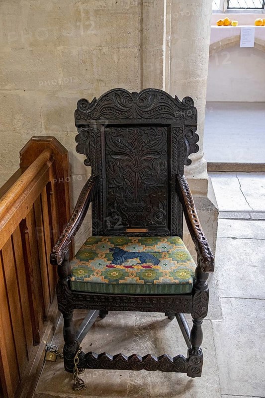 Interior view, chair, seat cushion, St Mary's Church, Bibury, The Cotswolds, England, Great Britain