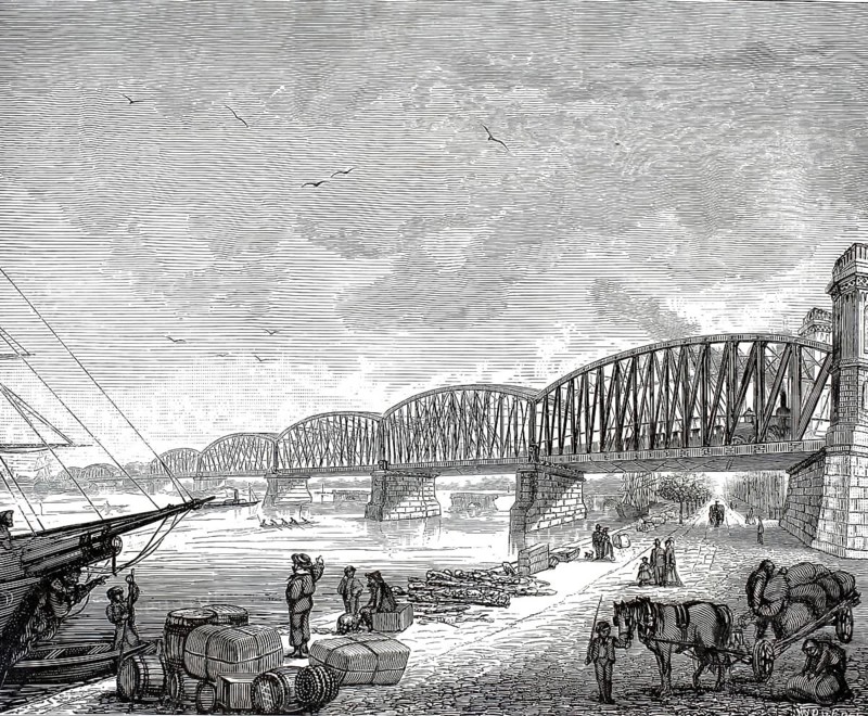 Historical illustration around the old Willemsspoorbrug, railway bridge over the Nieuwe Maas, in Rotterdam, was opened in 1877 and was a central part of the railway connection between the north and south of the Netherlands, illustration, reproduction of a model from the 19th century. Authentic, file restored for optimal use, exact date of submission unknown, historical