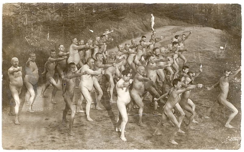Bathing, Kneipbad, Pubs, Health, Strengthening, A group of men in sporting poses on a street in the forest, around 1918