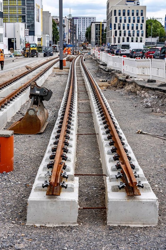Large construction site in the city center of Essen, Hachestraße, the construction of new tracks for the new Stadtbahn-Essen, a new tram line in the city center that will connect the west of the city with the new Essen-51 district, North Rhine-Westphalia, Germany