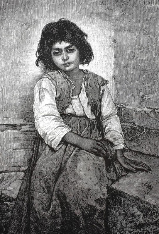 A young girl with dark, shoulder-length hair and a thoughtful or melancholy expression. The Italian woman's motif. In the 19th century, representations of ordinary people from Italy, in particular young woman and children from the Campagna near Rome, Naples or Sicily, were extremely popular in European art and in illustrated magazines, illustration, reproduction from a model from the 19th century. Authentic, file restored for optimal use, exact date of submission unknown, historical