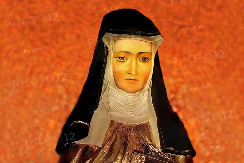 Figure of Hildegard of Bingen, Sibyl of the Rhine, 1098 – 1179, German Benedictine abbess and polymath, digitally edited