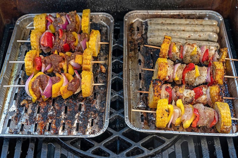 Meat and vegetable skewers on the grill, Bavaria, Germany