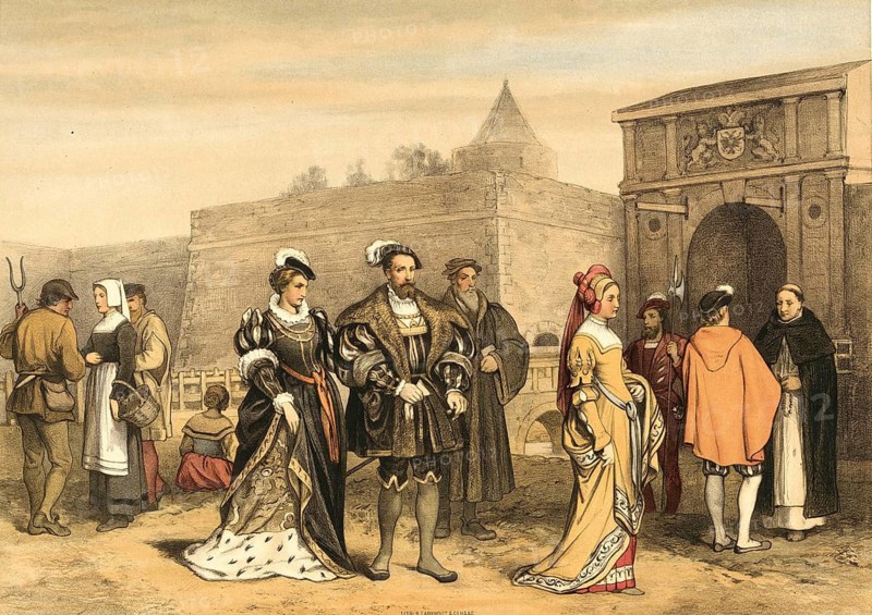 Scene shows nobles, clergy, citizens and farmers in typical 16th century clothing in front of a city wall with a gate, from the time of Charles V, school painting, illustration, reproduction from a model from the 19th century. School picture, mural, authentic, file restored for optimal use, exact date of original unknown, historical