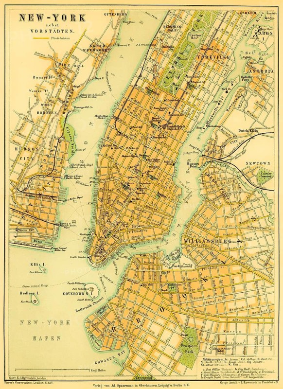 New York and suburbs, USA, Hudson River, East River, NY harbor, Ellis Island, ferries, Manhattan, Brooklyn, Jersey City, Williamsburg, Astoria, Gutenberg, Yorkville, Central Park, roads, avenues, checkerboard patterns, scale in English miles, historical illustration 1877