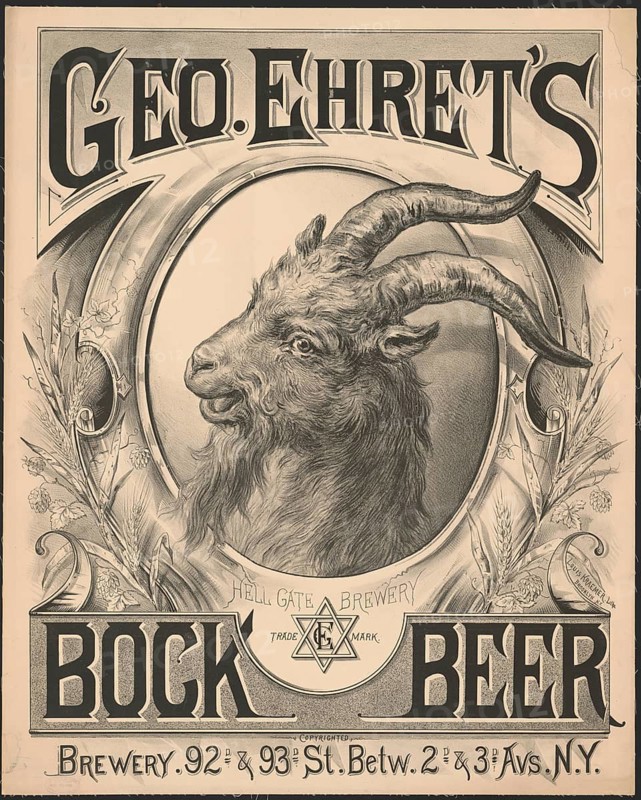 Advertising poster, beverage advertisement, advertising poster from 1888 promotes bock beer from George Ehret's Hell Gate Brewery in New York. The lithograph was created by Louis Kraemer in Brooklyn and shows a detailed goat, the traditional symbol for bock beer, authentic reproduction of a historic advertising poster, advertising sign, in high resolution