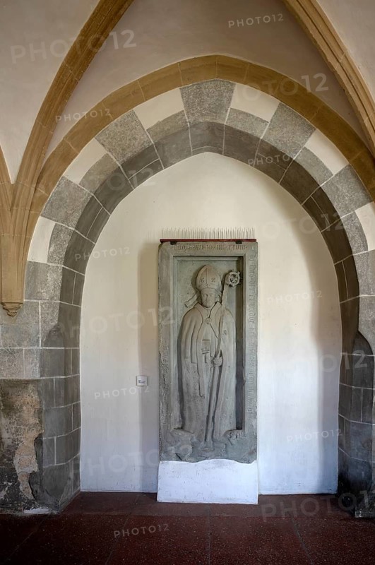 Interior view, tombstone, Bishop Anselm von Nenningen, Bishop of Augsburg, cloister, Blaubeuren Abbey, Swabian Jura, Baden-Württemberg, Germany