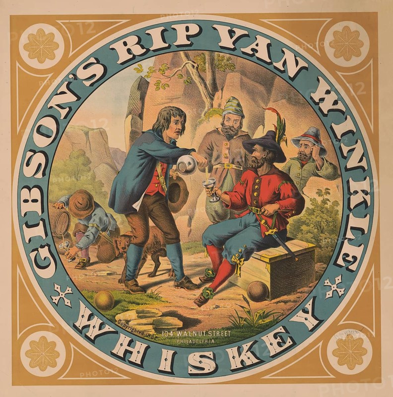 Advertising poster, beverage advertisement for Gibson's Rip Van Winkle whiskey from 1882. The illustration shows a scene with Rip Van Winkle sitting and drinking under a tree with other figures, authentic reproduction of a historical advertising poster, advertising sign, in high resolution