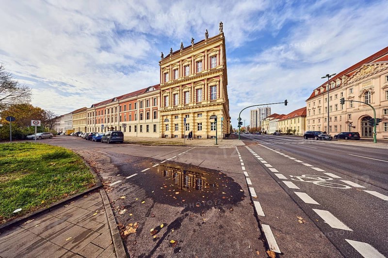 Historic residential buildings, architect Georg Christian Unger, historic town house, facade with windows, street, sidewalk, pedestrian traffic light, pedestrian crossing, traffic light, cycle path, parking strip with cars, blue sky, cumulus clouds, intersection Breite Straße with Dortustraße, Potsdam, state capital, district-free city, Brandenburg, Germany