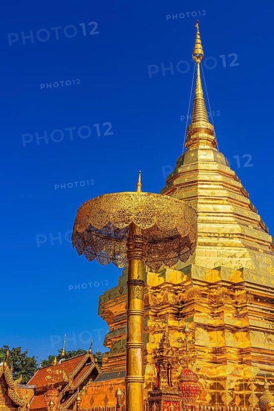 Gilded Chedi temple tower, stupa and gilded canopy, Wat Phra That Doi Suthep temple complex, Chiang Mai, Thailand