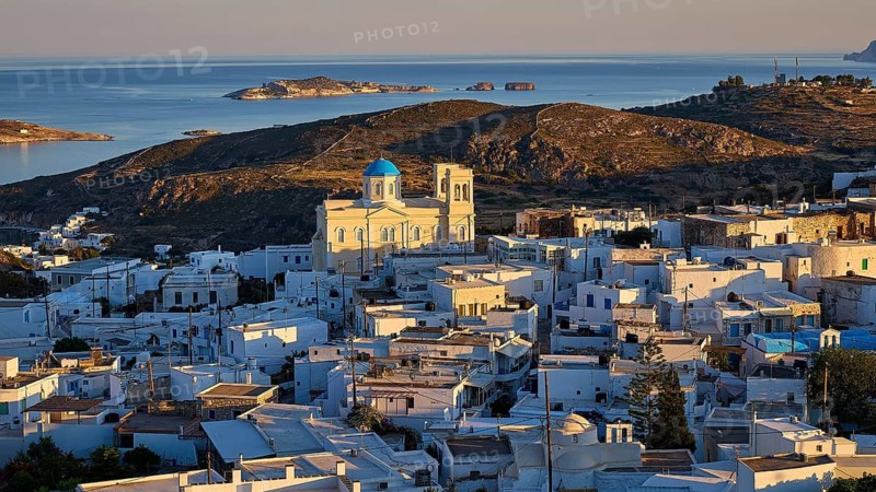 Church, Panagia Odigitria, view of a Greek island town with white buildings and a distinctive church off the coast line, main town on Kimolos, Kimolos, Chorio, Kimolos island, neighboring island of Milos, Cyclades, Greek islands, Greece