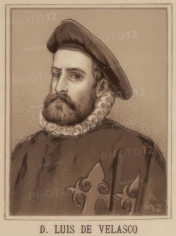 Don Luis de Velasco, Marques de Salinas (* 1511 in Carrion de los Condes, died 31 July 1564 in Mexico City) was second viceroy of New Spain from 1550 until his death, school picture, authentic reproduction of a school mural, around 1900, exact date unknown, Historical