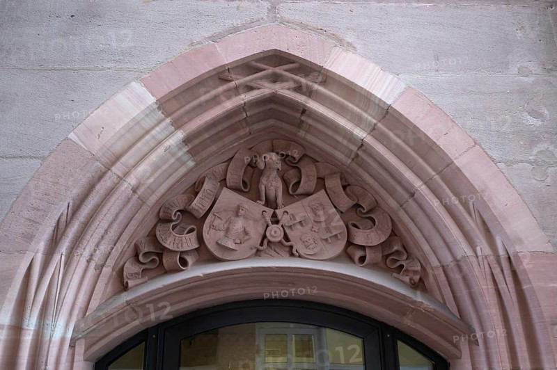 Sandstone relief above a 19th century entrance, Richard-Lindner-Gasse 72, Nuremberg. Middle Franconia, Bavaria, Germany