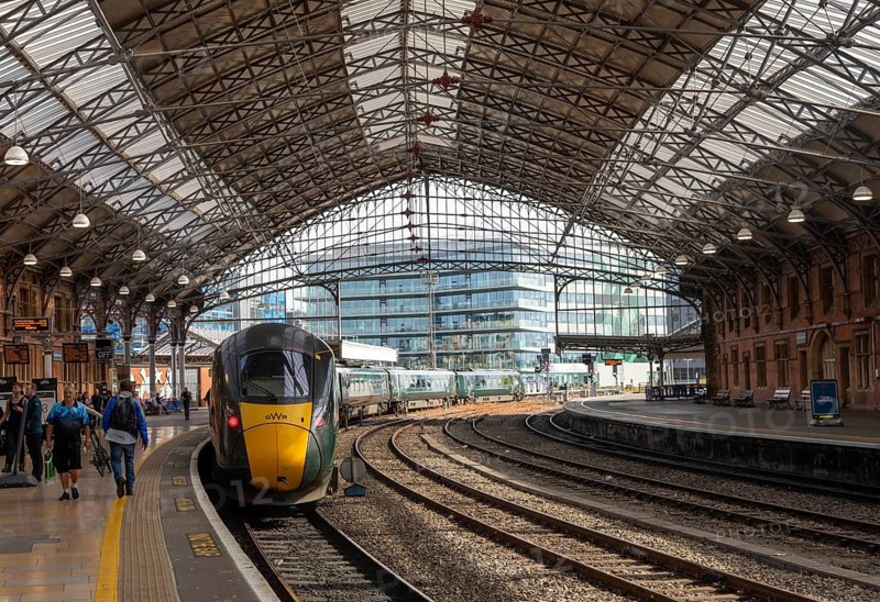 GWR British Rail Class 800 Inter City Express train arriving at platform, Temple Meads railway station, Bristol, England, UK