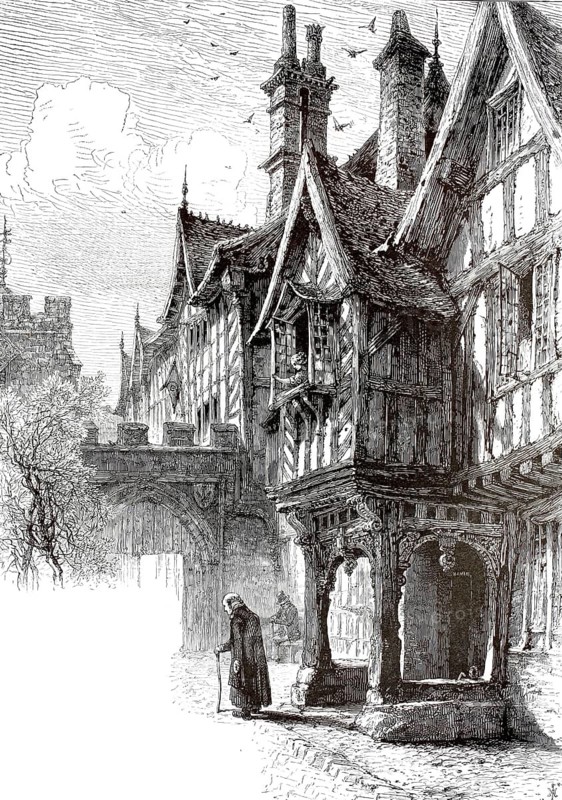 The entrance gate to Lord Leycester Hospital in Warwick. Not a medical hospital in the modern sense, but a medieval complex dating back almost 900 years. Originally built around 1123 as a chapel, it has served as a historic almshouse for former soldiers of the British Crown since 1571, England, illustration, reproduction of a 19th-century original. Authentic, file restored for optimal use, exact date of the original unknown, historical