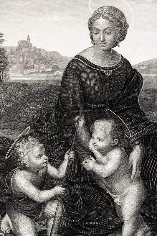 Detail from the artwork Madonna delle Fragole by Raphael, Raphael, Raffaello Santi, Virgin Child, Christ Child, Holy Family, Renaissance, Italian Renaissance, Florence, religious painting, sacred art, devotional image, image of Mary, motherly love, tenderness, harmony, beauty, devotion, Christian iconography, depiction of nature, landscape, figure composition, oil painting, art history, 16th century century, High Renaissance, masterpiece, Vatican art, painting, historical illustration 1854